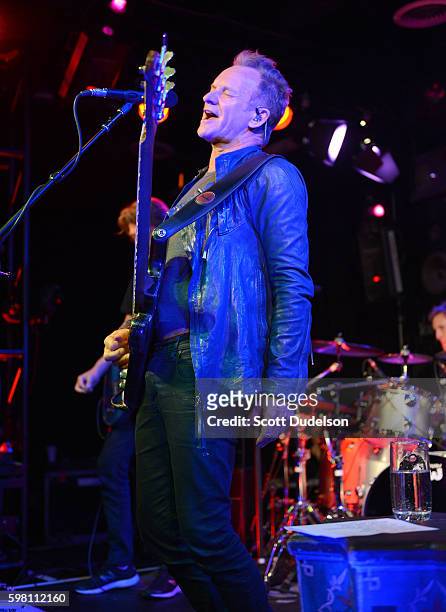 Musician Sting performs onstage during KROQ's Breakfast with Kevin and Bean at the Red Bull Sound Space on August 31, 2016 in Los Angeles, California.