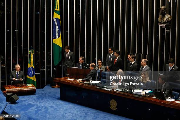 President of the Senate Renan Calheiros speaks at impeachment proceedings of President Dilma Rousseff August 31, 2016 in Brasilia, Brazil. The...