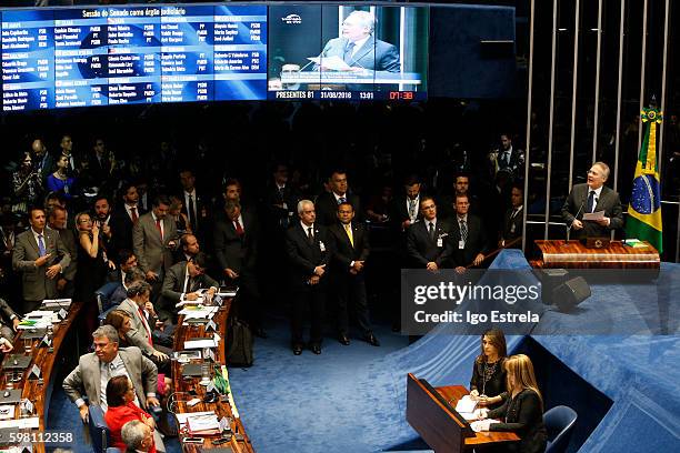 President of the Senate Renan Calheiros speaks at impeachment proceedings of President Dilma Rousseff August 31, 2016 in Brasilia, Brazil. The...