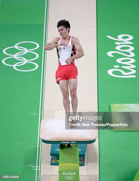 Kenzo Shirai of Japan on the vault during the Artistic Gymnastics Men's Team qualification on Day 1 of the Rio 2016 Olympic Games at Rio Olympic...