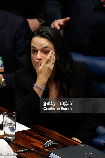 Indictment lawyer Janaina Paschoal weeps after the impeachment vote of President Dilma Rousseff August 31, 2016 in Brasilia, Brazil. The suspended...