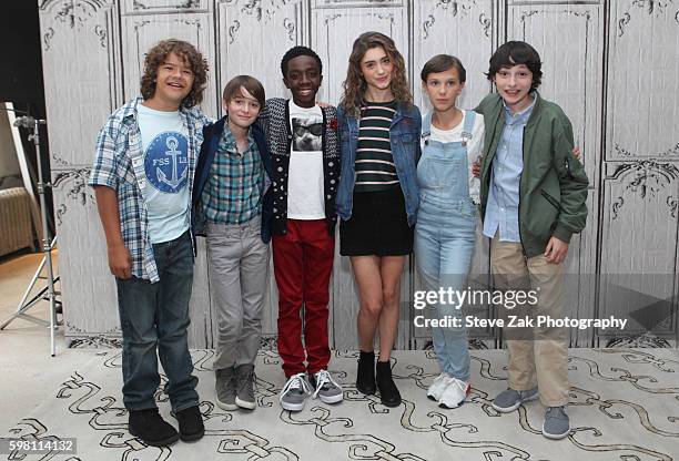 Gaten Matarazzo, Noah Schnapp, Caleb McLaughlin, Natalia Dyer, Millie Bobby Brown and Finn Wolfhard attend Build Seris to discuss their show...