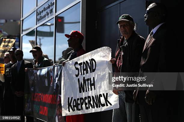 Protestors demonstrate in support of San Francisco 49ers quarterback Colin Kaepernick outside of the San Francisco Police Officers Association...