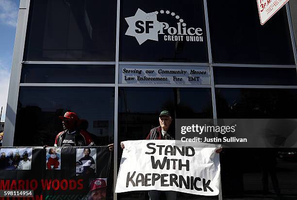 Protestors demonstrate in support of San Francisco 49ers quarterback Colin Kaepernick outside of the San Francisco Police Officers Association...