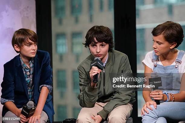 Noah Schnapp, Finn Wolfhard, and Millie Bobby Brown attend BUILD Series at AOL HQ on August 31, 2016 in New York City.