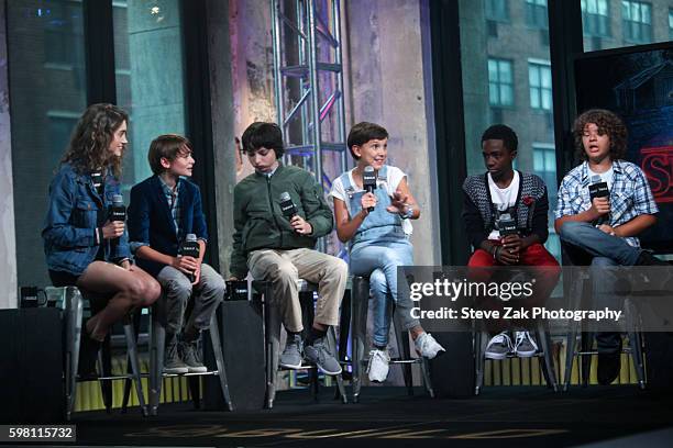 Natalia Dyer, Noah Schnapp, Finn Wolfhard, Millie Bobby Brown, Caleb McLaughlin and Gaten Matarazzo attend Build series to discuss "Stranger Things"...