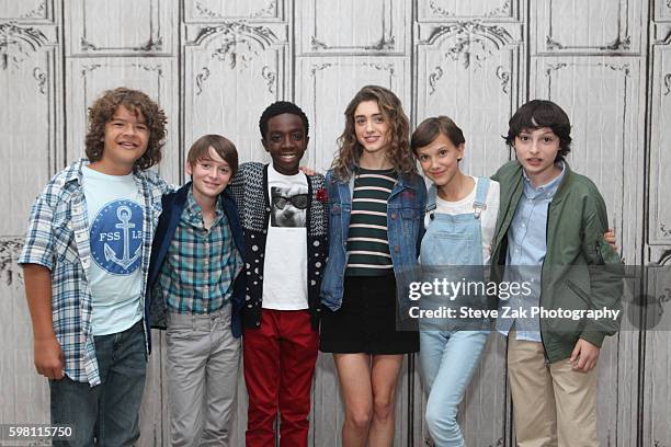 Gaten Matarazzo, Noah Schnapp, Caleb McLaughlin, Natalia Dyer, Millie Bobby Brown and Finn Wolfhard attend Build Seris to discuss their show...