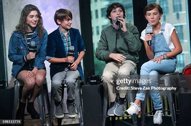 Natalia Dyer, Noah Schnapp, Finn Wolfhard and Millie Bobby Brown attend Build series to discuss "Stranger Things" at AOL HQ on August 31, 2016 in New...