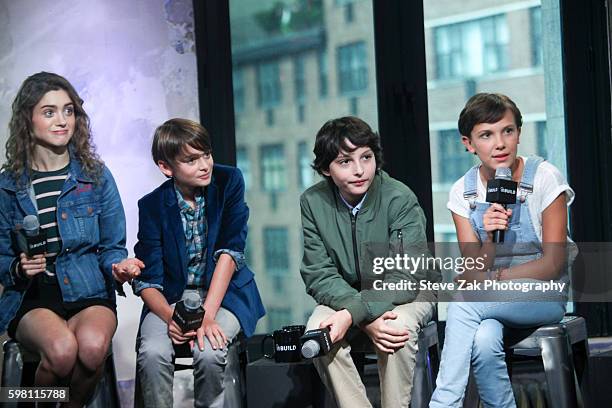 Natalia Dyer, Noah Schnapp, Finn Wolfhard and Millie Bobby Brown attend Build series to discuss "Stranger Things" at AOL HQ on August 31, 2016 in New...