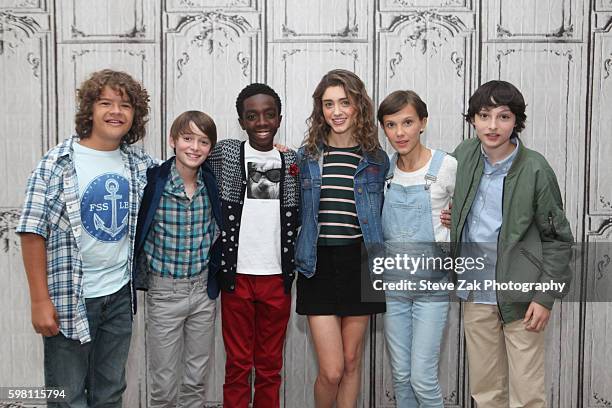 Gaten Matarazzo, Noah Schnapp, Caleb McLaughlin, Natalia Dyer, Millie Bobby Brown and Finn Wolfhard attend Build Seris to discuss their show...