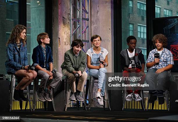 Natalia Dyer, Noah Schnapp, Finn Wolfhard, Millie Bobby Brown, Caleb McLaughlin, and Gaten Matarazzo attend BUILD Series at AOL HQ on August 31, 2016...