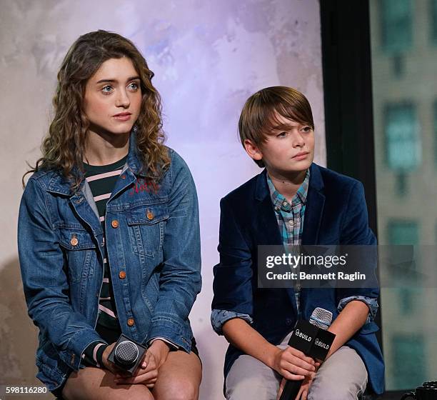 Actors Natalia Dyer and Noah Schnapp attend BUILD Series at AOL HQ on August 31, 2016 in New York City.