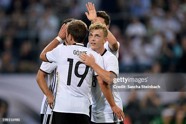 Max Meyer of Germany celebrates after scoring the opening goal during the international friendly match between Germany and Finland at Borussia-Park...