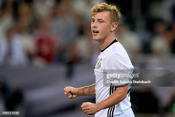 Max Meyer of Germany celebrates after scoring the opening goal during the international friendly match between Germany and Finland at Borussia-Park...