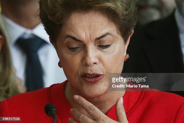 Impeached President Dilma Rousseff delivers her farewell address in Alvorado Palace on August 31, 2016 in Brasilia, Brazil. Rousseff was impeached by...