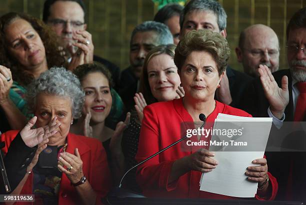 Impeached President Dilma Rousseff finishes delivering her farewell address in Alvorado Palace on August 31, 2016 in Brasilia, Brazil. Rousseff was...