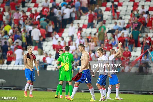 Players leaves the field after the friendly match between the national soccer teams of Turkey and Russia at Antalya Arena in Antalya, Turkey on...