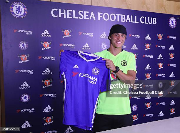 David Luiz is unveiled as Chelsea's new signing at Chelsea Training Ground on August 31, 2016 in Cobham, England.