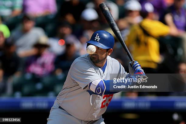 Adrian Gonzalez of the Los Angeles Dodgers watches a ball sail by during an at bat during the sixth inning against the Colorado Rockies at Coors...