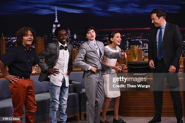 Finn Wolfhard, Millie Bobby Brown, Gaten Matarazzo and Caleb McLaughlin Visit "The Tonight Show Starring Jimmy Fallon" at Rockefeller Center on...