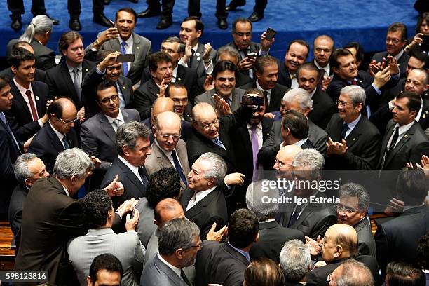 Michel Temer is sworn in as Interim President following the impeachment of President Dilma Rousseff August 31, 2016 in Brasilia, Brazil. The...