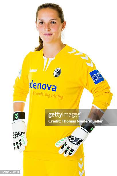 Laura Benkarth of SC Freiburg poses during the Allianz Women's Bundesliga Club Tour on August 31, 2016 in Freiburg im Breisgau, Germany.