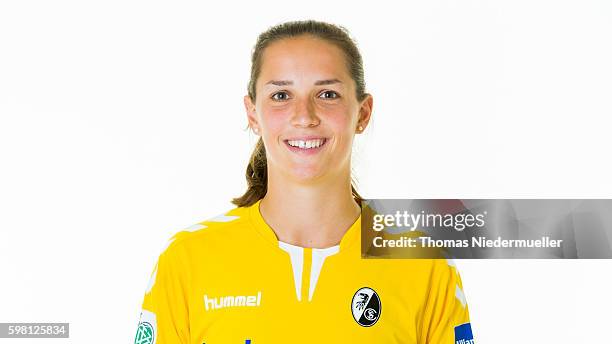 Laura Benkarth of SC Freiburg poses during the Allianz Women's Bundesliga Club Tour on August 31, 2016 in Freiburg im Breisgau, Germany.