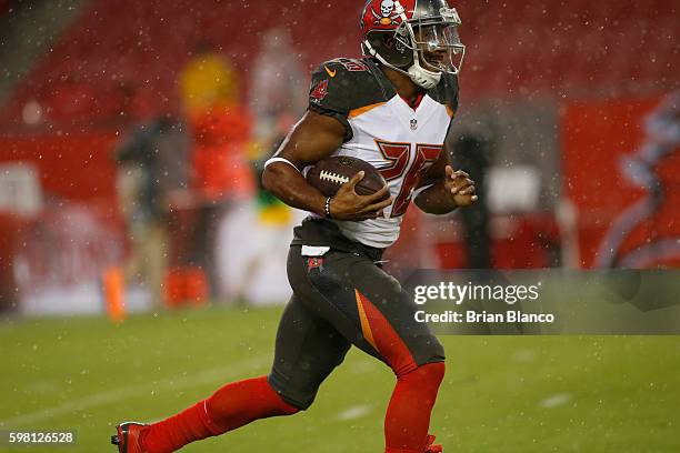 Cornerback Josh Robinson of the Tampa Bay Buccaneers warms up before the start of an NFL game against the Washington Redskins on August 31, 2016 at...