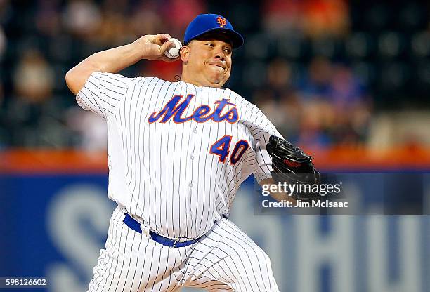 Bartolo Colon of the New York Mets pitches in the first inning against the Miami Marlins at Citi Field on August 31, 2016 in the Flushing...