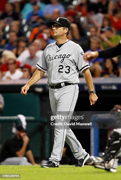 Manager Robin Ventura of the Chicago White Sox cones to the mound for a pitching change against the Cleveland Indians in the seventh inning at...