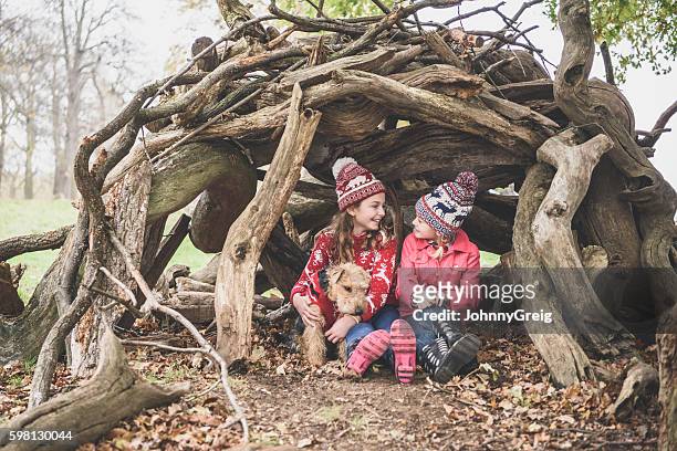 two sisters in winter clothes in log den with dog - hut stock pictures, royalty-free photos & images