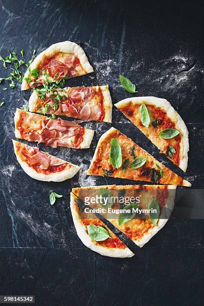 homemade margarita pizza and pizza with prosciutto - pizza directly above stock pictures, royalty-free photos & images
