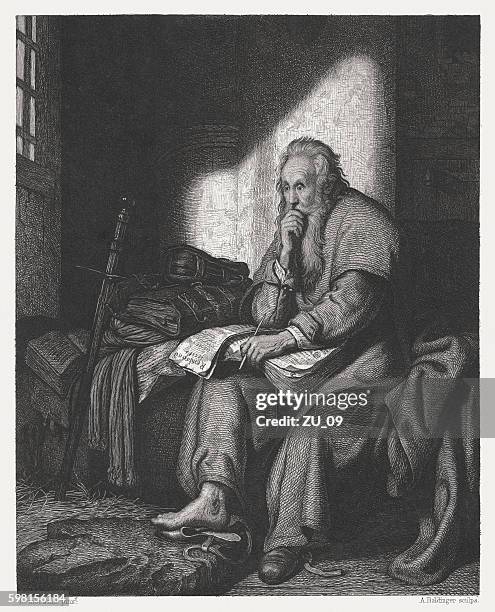 apostel paulus im gefängnis, kupferstich nach rembrandt, erschienen um 1880 - apostle stock-grafiken, -clipart, -cartoons und -symbole
