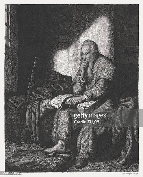 apostle paul in prison, copper engraving after rembrandt, published c.1880 - buch 幅插畫檔、美工圖案、卡通及圖標