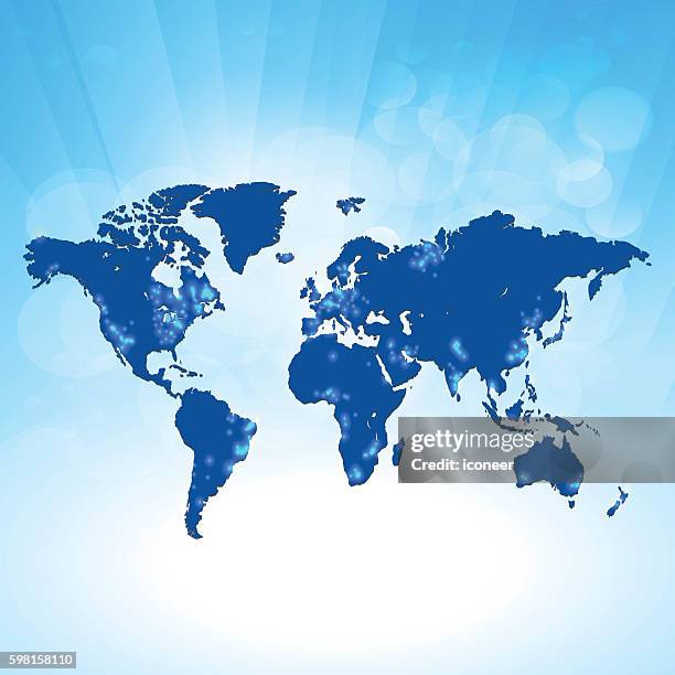 stockillustraties, clipart, cartoons en iconen met world map blue translucent light pollution on sky background - photopollution