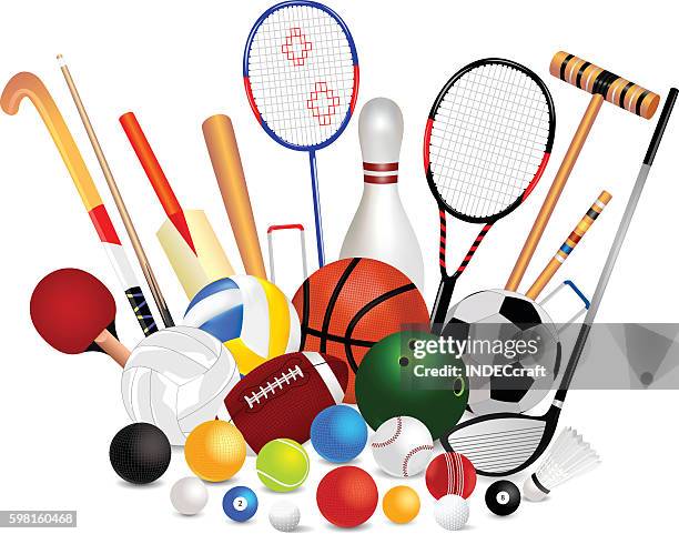 illustrazioni stock, clip art, cartoni animati e icone di tendenza di gruppo di attrezzature sportive - attrezzatura sportiva