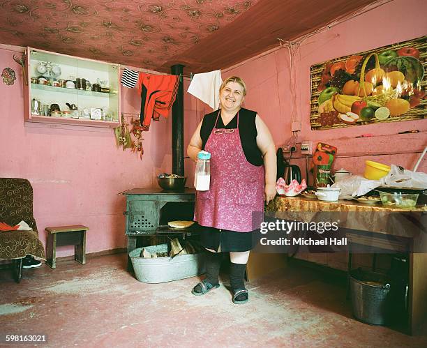 georgian woman at home in remote village - village home indoor stock-fotos und bilder