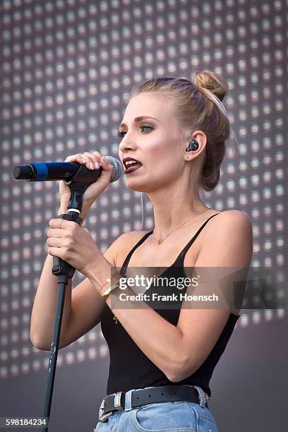 Singer Carolin Niemczyk of the German band Glasperlenspiel performs live during Stars For Free Festival at the Kindlbuehne Wuhlheide on August 27,...