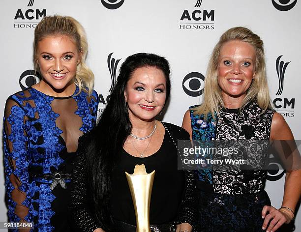 Singer-songwriter Kelsea Ballerini, honoree Crystal Gayle, and ACM's Tiffany Moon attend the 10th Annual ACM Honors at the Ryman Auditorium on August...