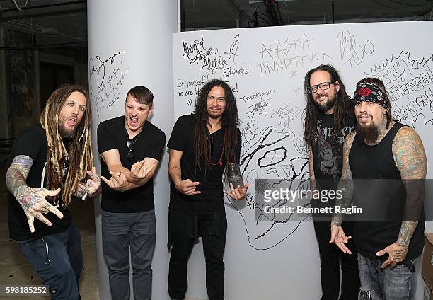 Brian Welch, Ray Luzier, James Murky Shaffer, Jonathan Davis and Reggie Arvizu attend the BUILD Series presents Korn discusses "The Serenity of...