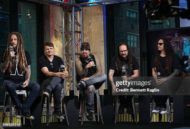 Brian Welch, Reggie Arvizu, Ray Luzier, Jonathan Davis, and James Murky Shaffer attend the BUILD Series presents Korn discusses "The Serenity of...