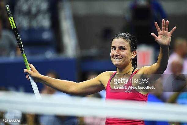Anastasija Sevastova of Lativa celebrates defeating Garbine Muguruza of Spain during her second round Women's Singles match on Day Three of the 2016...