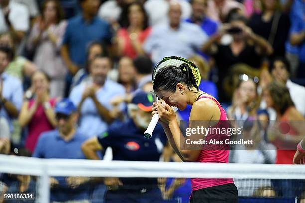 Anastasija Sevastova of Lativa celebrates defeating Garbine Muguruza of Spain during her second round Women's Singles match on Day Three of the 2016...