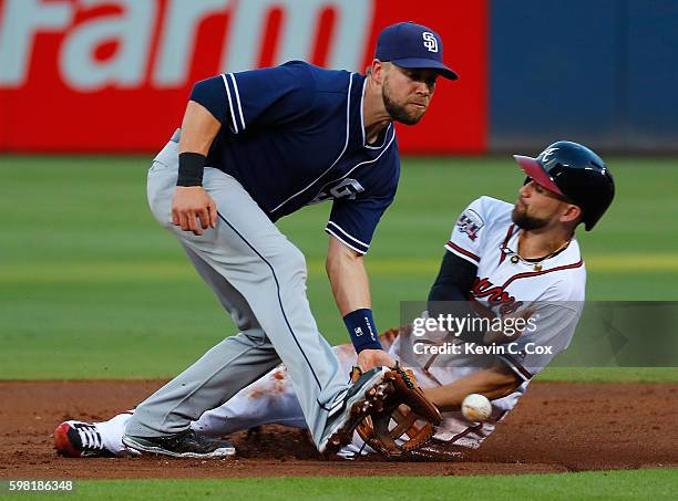 Ender Inciarte of the Atlanta Braves steals second base against Ryan Schimpf of the San Diego Padres in the first inning at Turner Field on August...