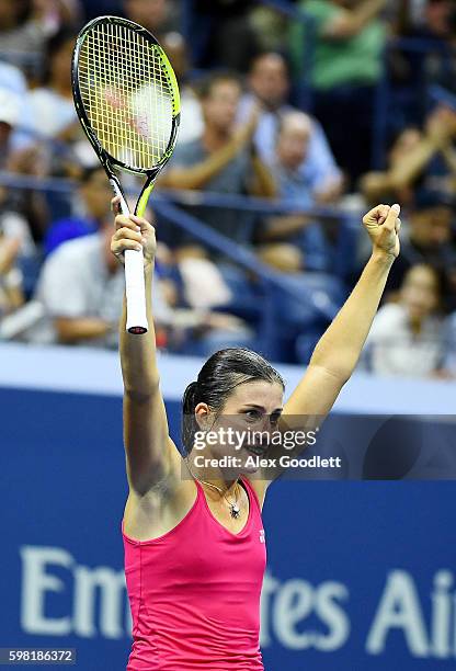 Anastasija Sevastova of Lativa celebrates defeating Garbine Muguruza of Spain during her second round Women's Singles match on Day Three of the 2016...