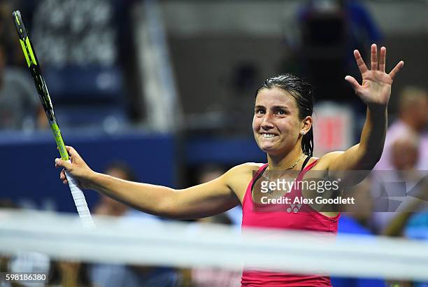 Anastasija Sevastova of Lativa celebrates her victory over Garbine Muguruza of Spain during her second round Women's Singles match on Day Three of...