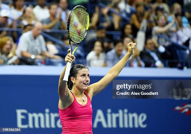 Anastasija Sevastova of Lativa celebrates her victory over Garbine Muguruza of Spain during her second round Women's Singles match on Day Three of...