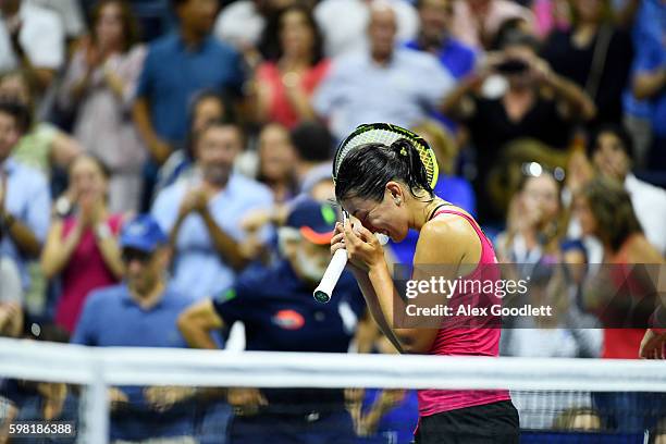 Anastasija Sevastova of Lativa celebrates her victory over Garbine Muguruza of Spain during her second round Women's Singles match on Day Three of...