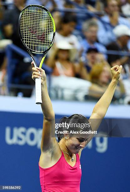 Anastasija Sevastova of Lativa celebrates her victory over Garbine Muguruza of Spain during her second round Women's Singles match on Day Three of...