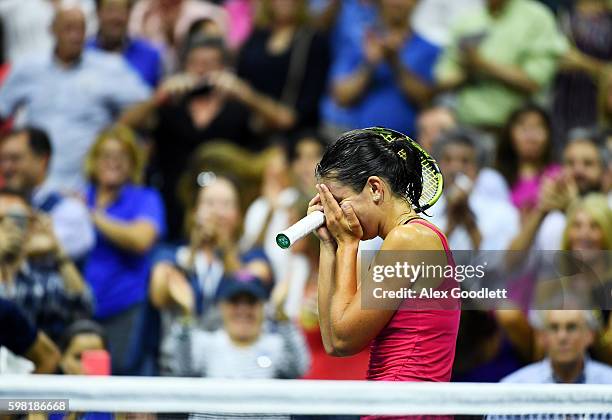 Anastasija Sevastova of Lativa celebrates her victory over Garbine Muguruza of Spain during her second round Women's Singles match on Day Three of...